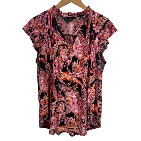 Cocomo Top Women L Pink Floral Paisley Pleated Stretch Short Sleeve Tunic Spring - Picture 1 of 7